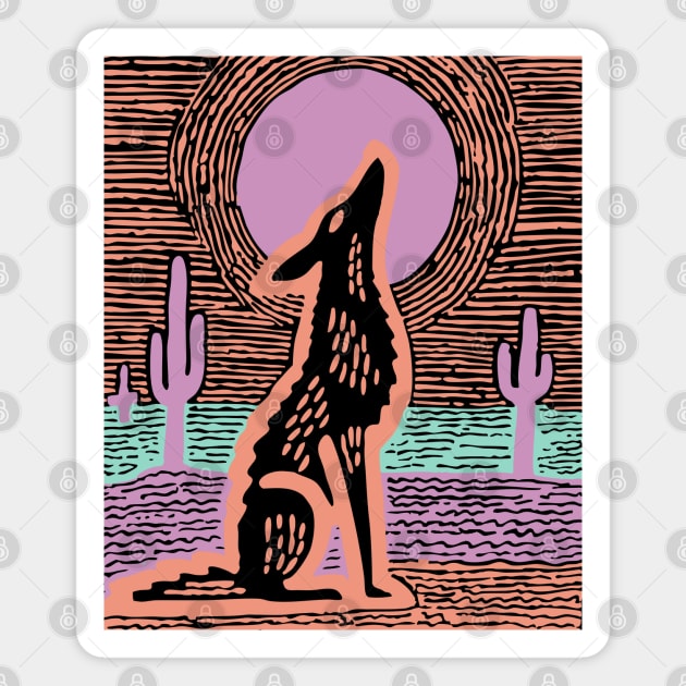 Howling Coyote - Southwestern Desert Linocut Magnet by TuncGK